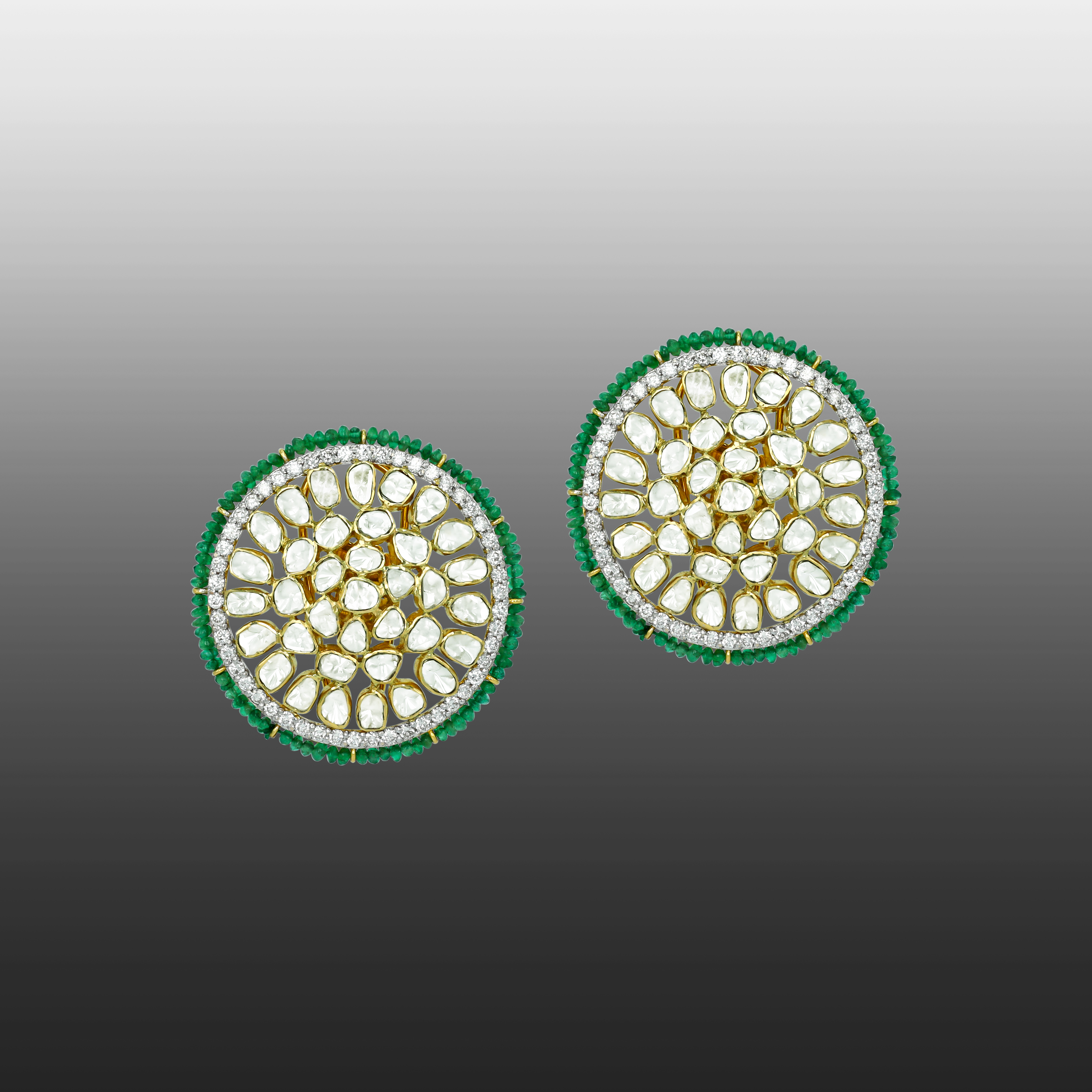 Radial Polki Studs with Diamond Halo and Emerald Bead Edge